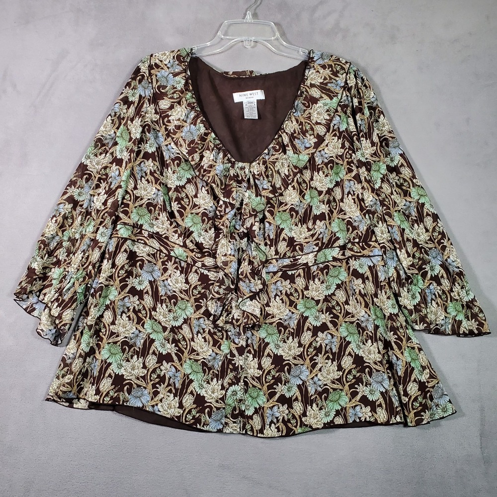 Nine West Top Womens 20W Brown Green Floral Ruffle‎ Fairy Grunge Y2K Cottagecore